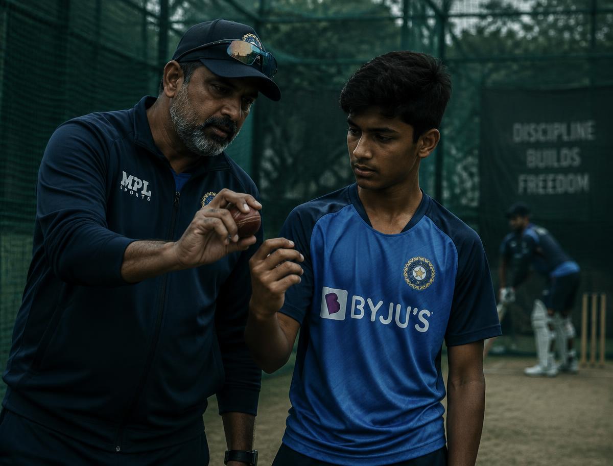 Coach working with a young bowler in the nets